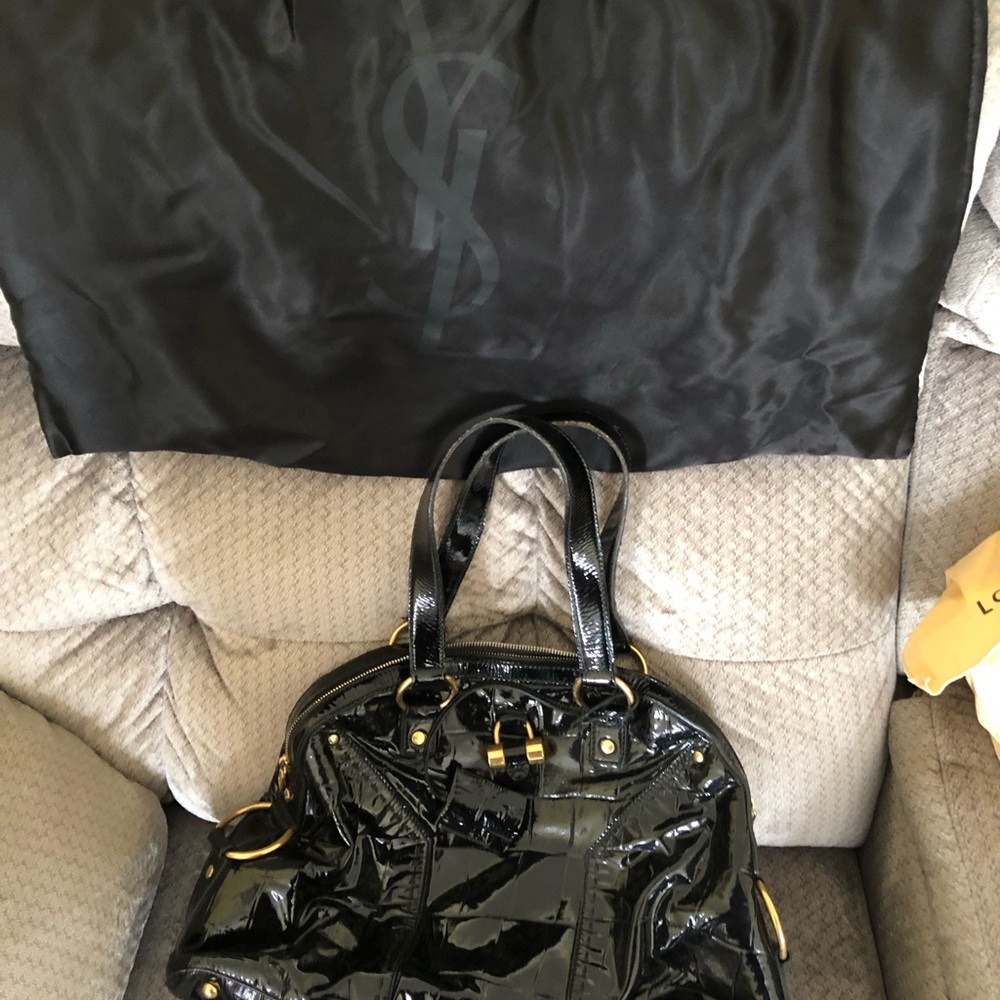 YSL Black Croc Embossed Patent Leather Muse Bag